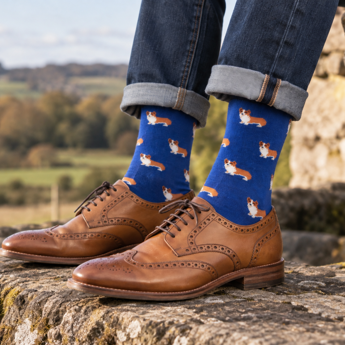 A person wearing blue corgi-print socks with brown leather oxford shoes and cuffed blue jeans, standing on a stone wall with a blurred outdoor landscape in the background.