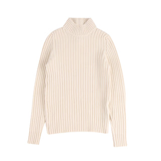 cream ribbed turtleneck sweater on a white background