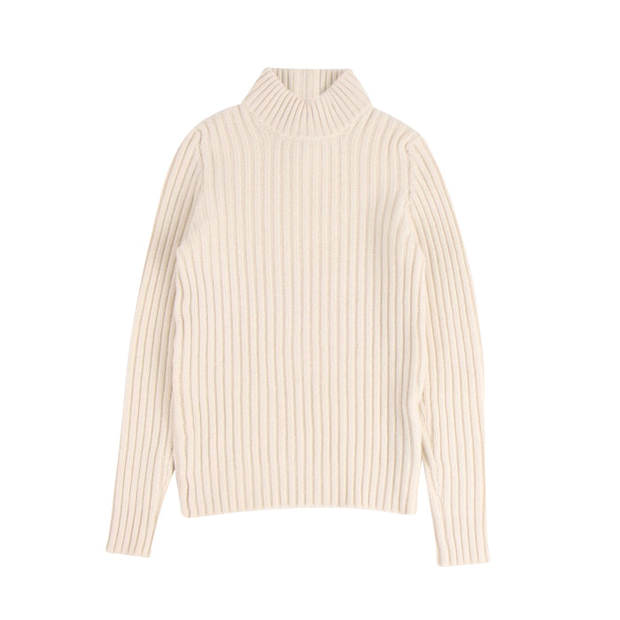 cream ribbed turtleneck sweater on a white background
