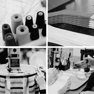 factory images of yarn, sock pressing, sock linking and stamping