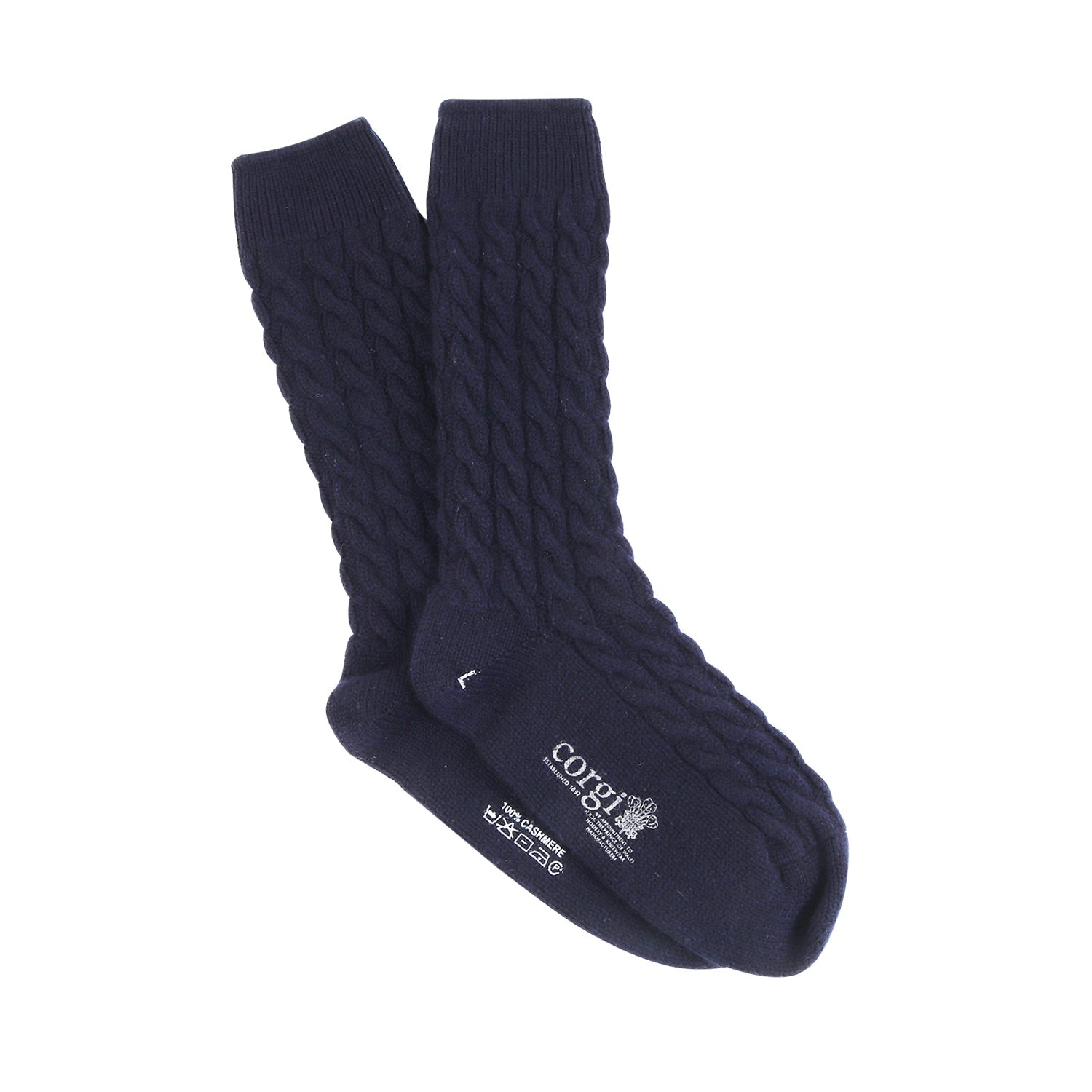 A pair of blue cashmere socks with a cable knit pattern, displayed against a white background.