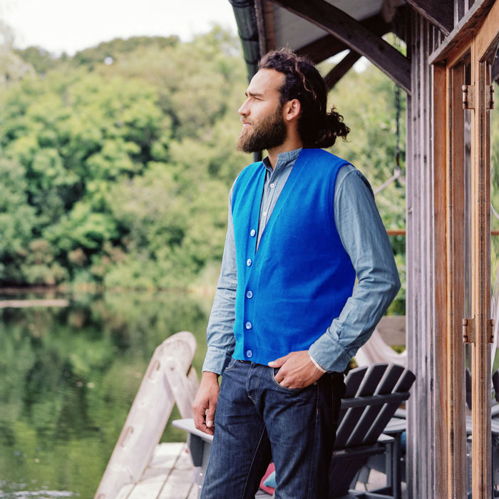 Men's blue sleeveless v-neck cardigan