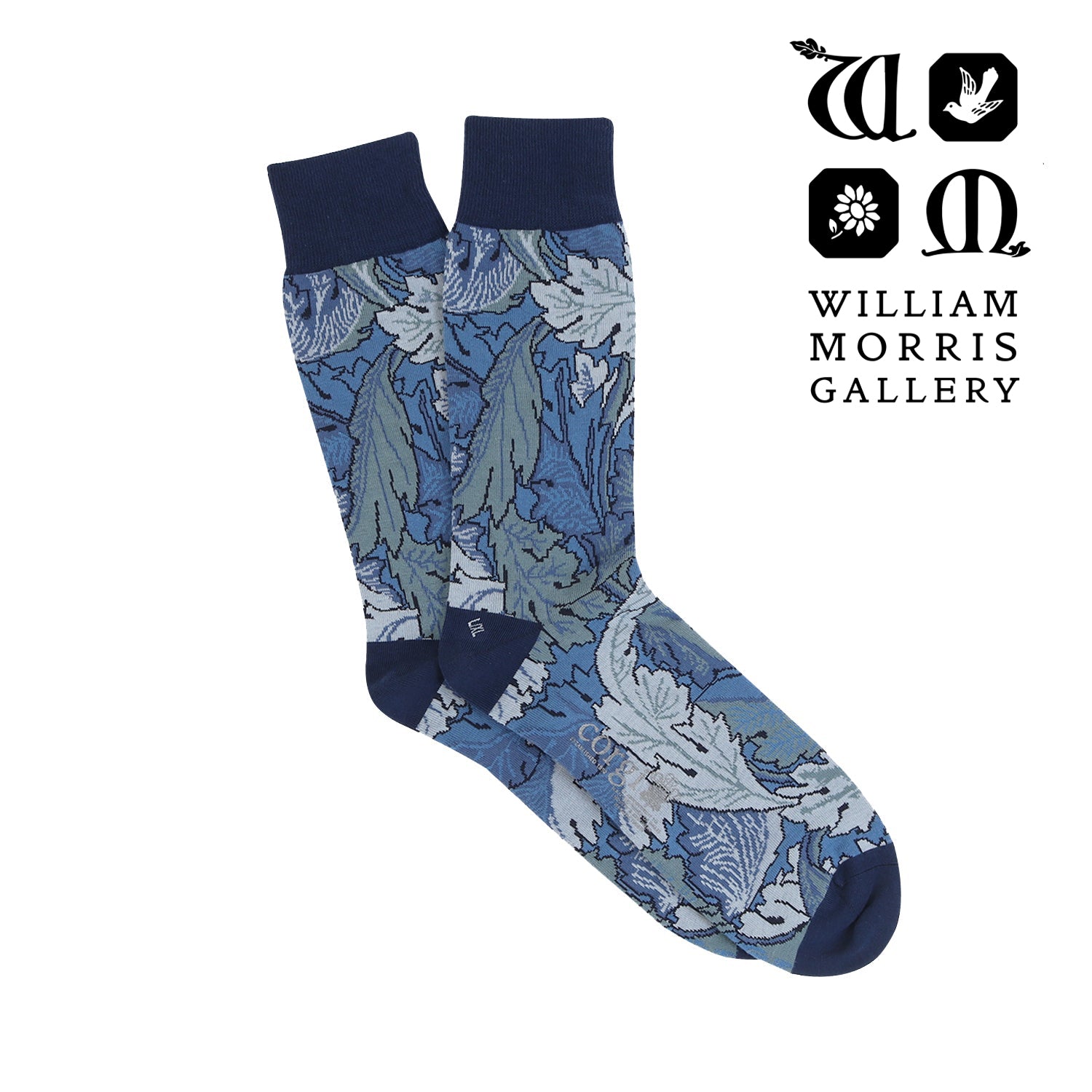 Blue patterned sock with William Morris Gallery logo on a white background