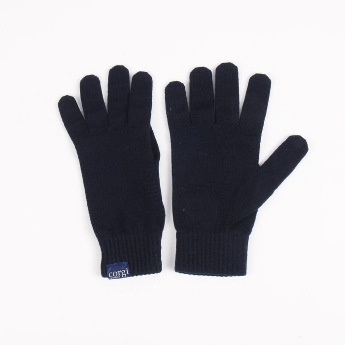 Pair of black gloves with a visible brand label on a white background