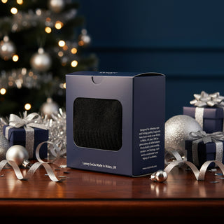 Navy blue packaging box with a window displaying black socks, featuring Corp Socks branding and text.