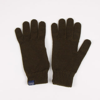 Pair of brown gloves with a visible brand label on a white background
