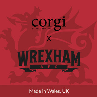 Corgi x Wrexham AFC logo on a red background with dragon design