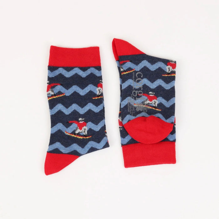 Pair of socks with blue zigzag pattern and red accents on a white background
