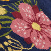 Close-up of a floral patterned fabric with pink flowers on a dark blue background