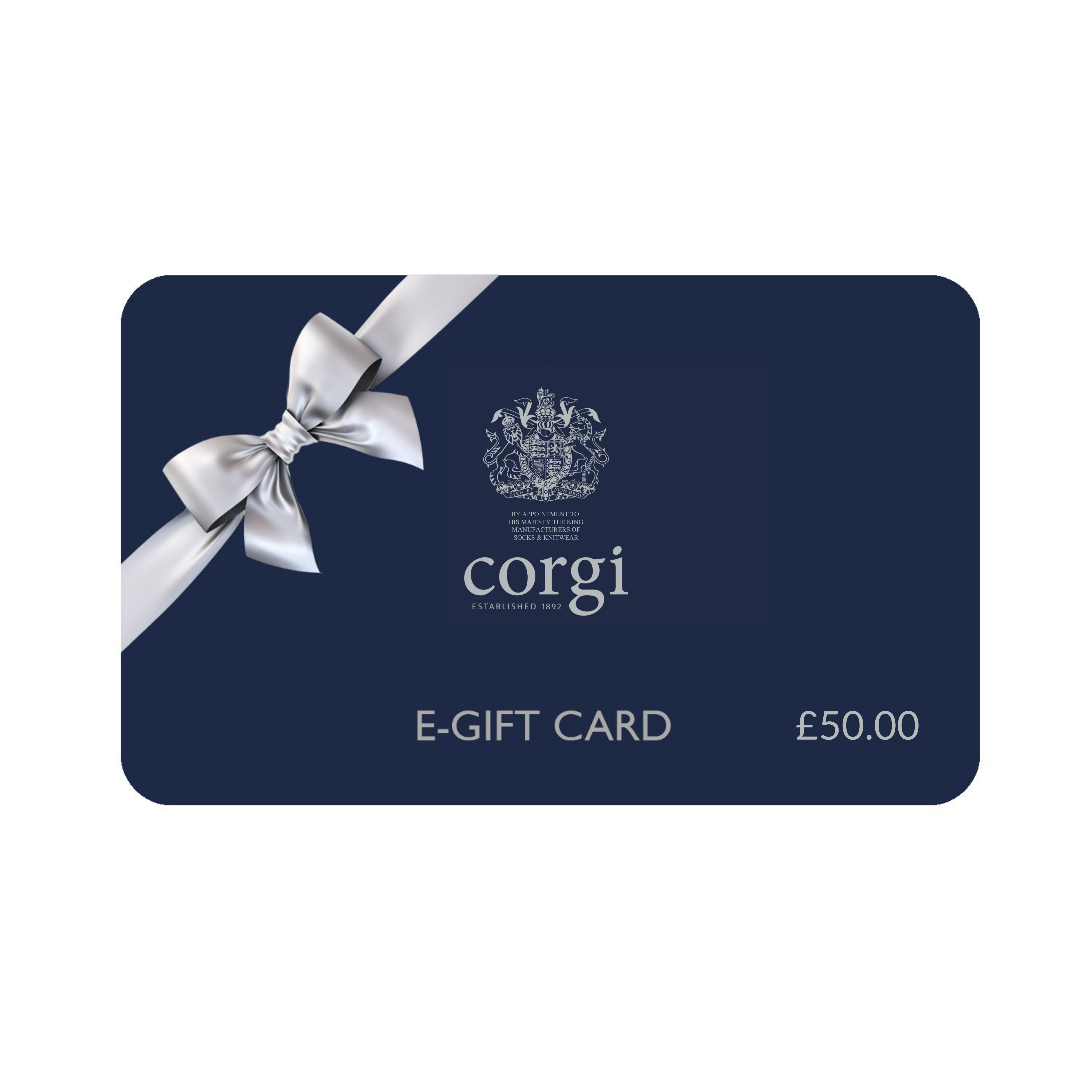 Corgi e-gift card with a blue background, white bow, and £50.00 value.