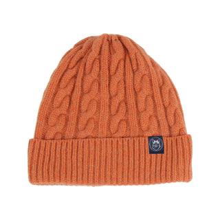 Orange knit beanie with a brand logo on a white background