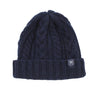 A navy men's wool beanie with a cable knit pattern and a ribbed turn-up hem.