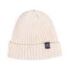 Beige knit beanie with a brand logo on a white background

