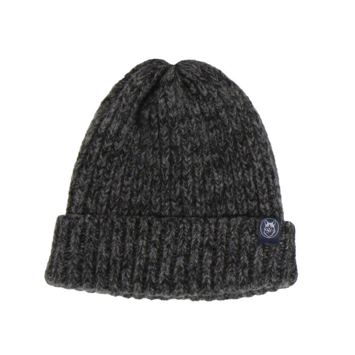 Gray knit beanie with a brand logo on a white background

