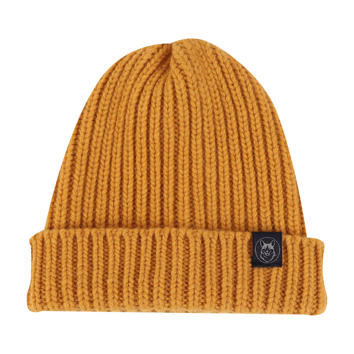 Mustard yellow knit beanie with a brand logo on a white background
