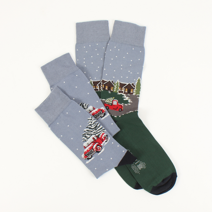 A Men's 2-Pair Christmas Truck Gift Box with a Christmas tree and truck design.