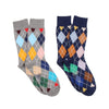 Two pairs of argyle pattern socks, one gray and one blue, on a white background.
