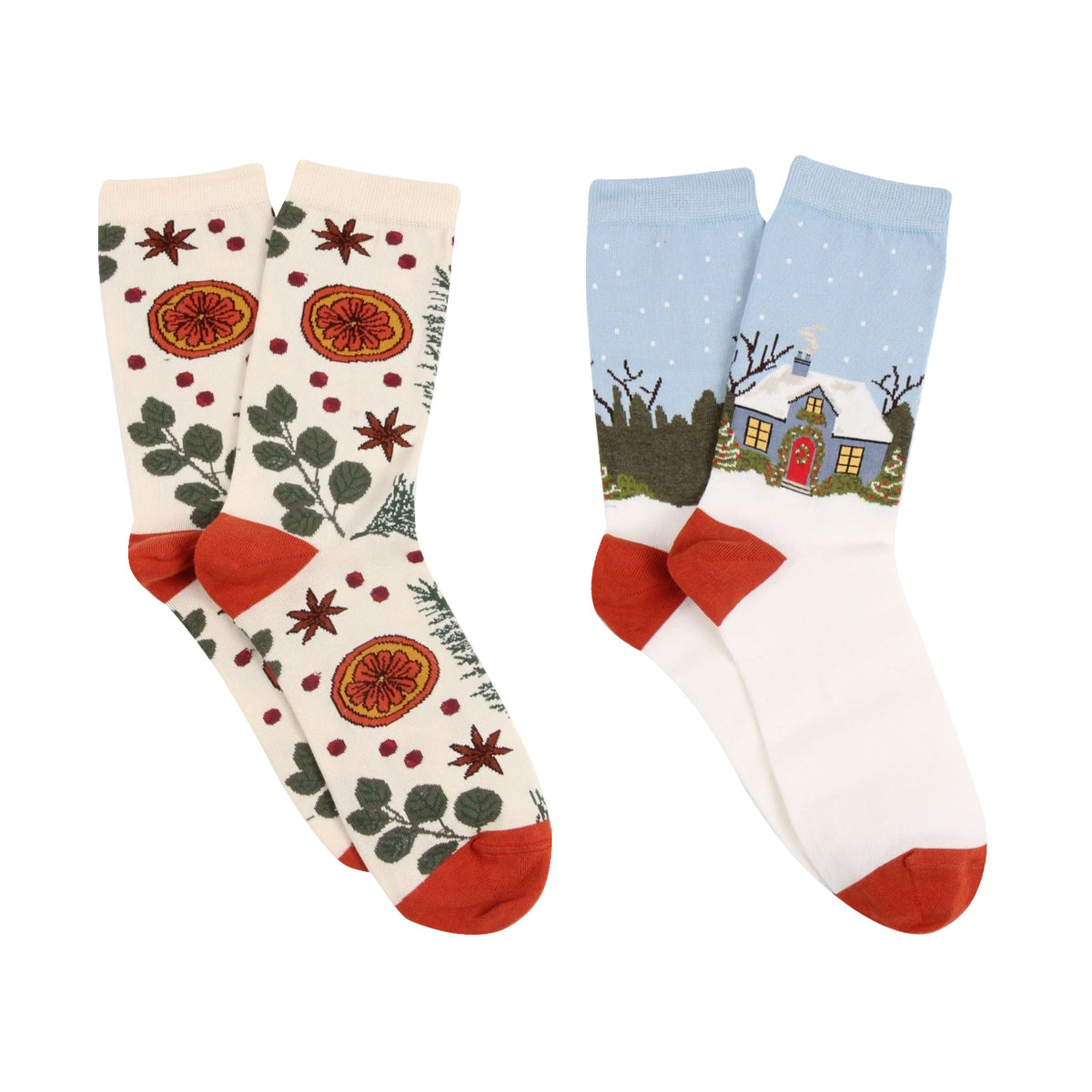 Two pairs of socks with festive designs on a white background