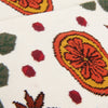 Close-up of a knitted fabric with floral patterns on a white background