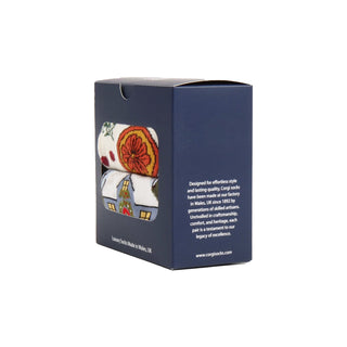 Navy blue box with colourful socks inside on a white background