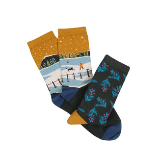 Two pairs of Christmas-themed socks.