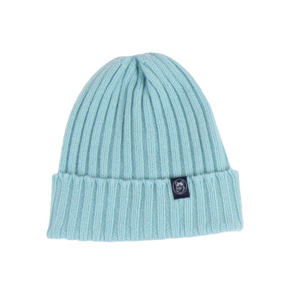 Light blue beanie with a brand logo on a white background

