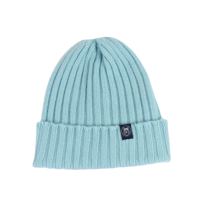 Light blue beanie with a brand logo on a white background

