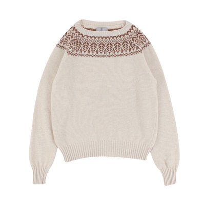 Beige sweater with patterned neckline on a white background