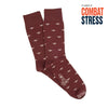 Maroon socks with white patterns on a white background, featuring 'Combat Stress' text.