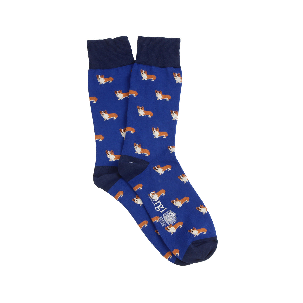 Blue socks with corgi pattern on a white background