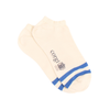 Beige sock with blue stripes and 'corgi' branding on a white background