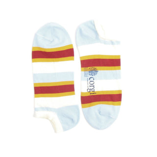 Two socks with red and yellow stripes on a white background