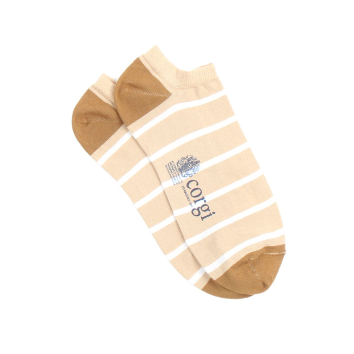 Beige sock with white stripes and 'corgi' branding on a white background