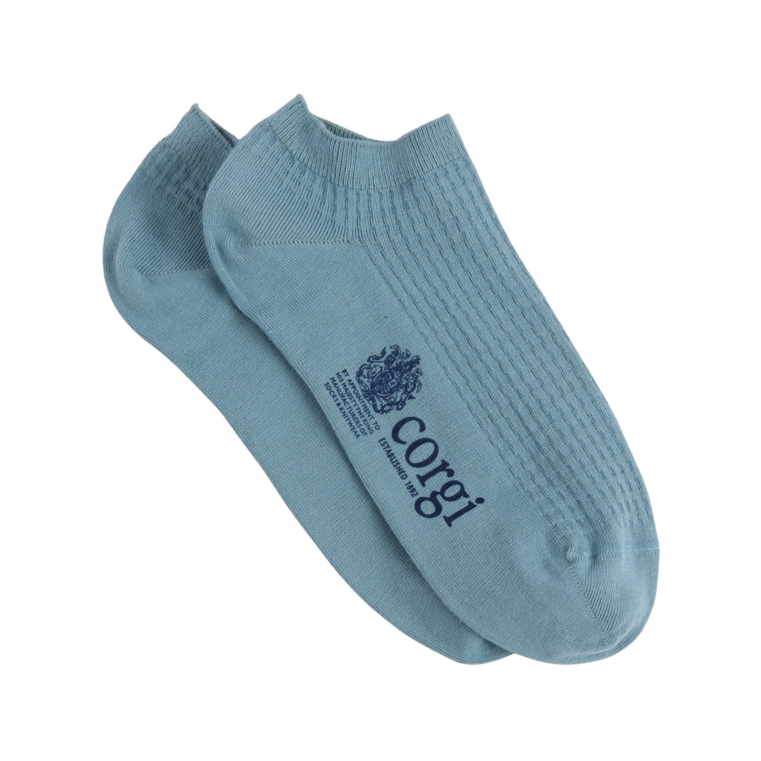 Pair of light blue socks with 'corgi' branding on a white background