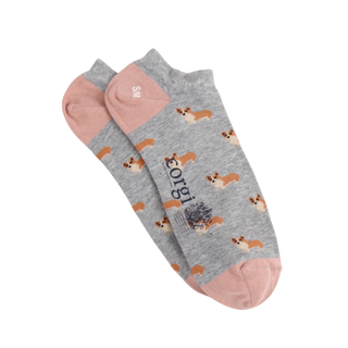 Gray socks with corgi pattern and pink accents on a white background
