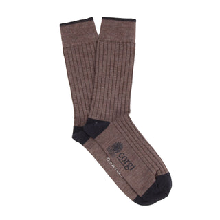 Brown sock with black accents on a white background

