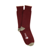 Maroon socks with a logo on a white background