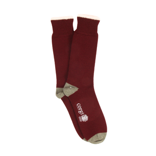 Maroon socks with a logo on a white background