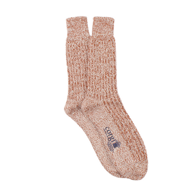 A pair of brown wool and cotton socks with a ribbed design. 