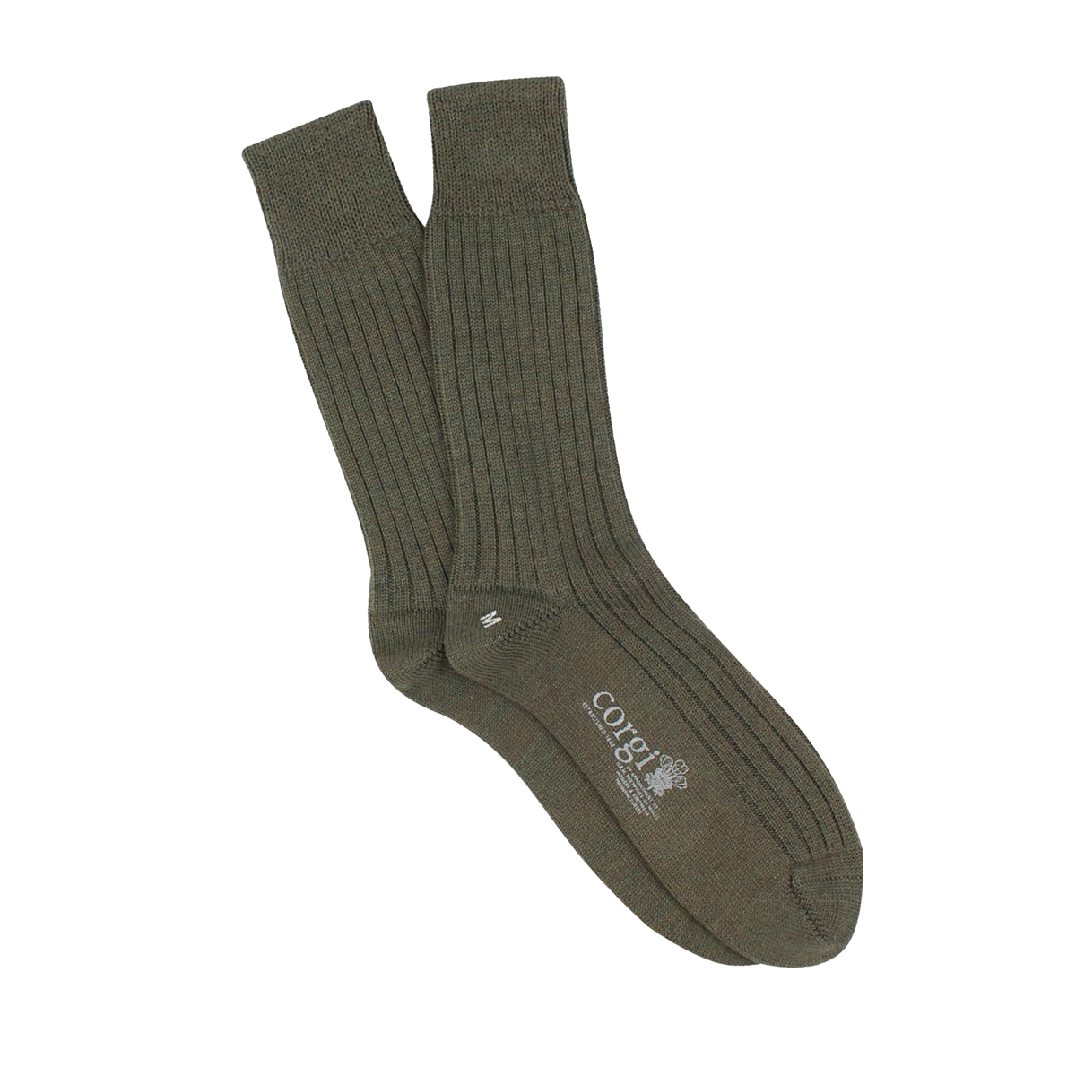 A pair of green ribbed socks made from merino wool and cotton, displayed in a folded manner with the brand 'Corgi' visible on the side.