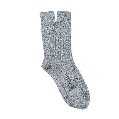 A pair of blue wool and cotton socks with a ribbed design.