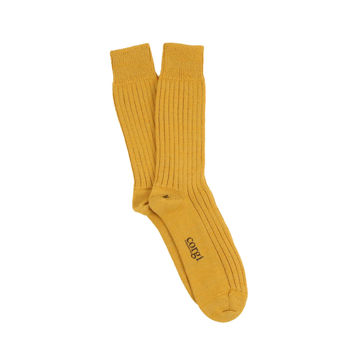 Mustard yellow sock on a white background

