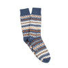 Pair of blue and white patterned socks on a white background