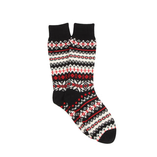 Black sock with a colorful pattern on a white background