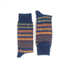 Pair of blue and orange patterned socks on a white background