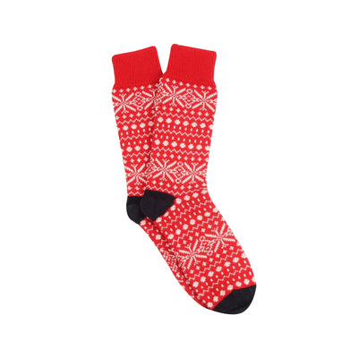 Red sock with white snowflake pattern on a white background