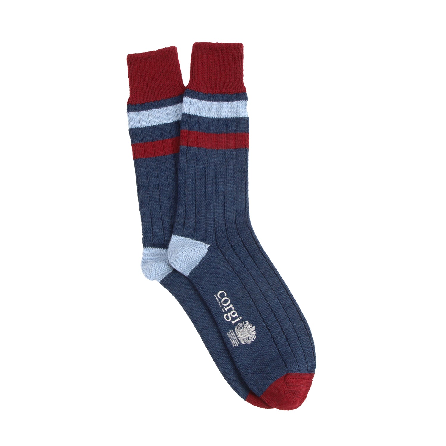 Blue sock with red and white accents on a white background
