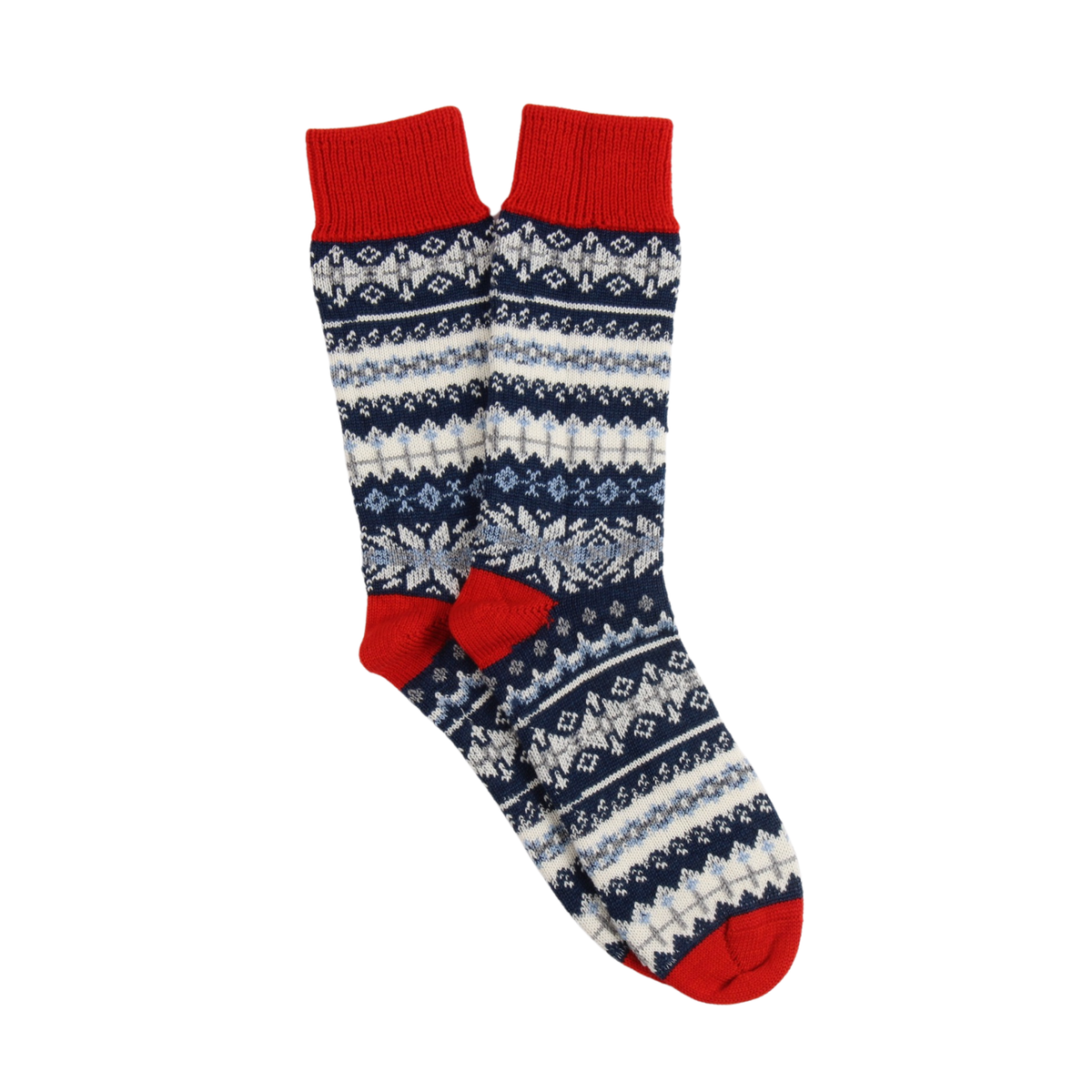 Pair of socks with fair isle pattern on a white background