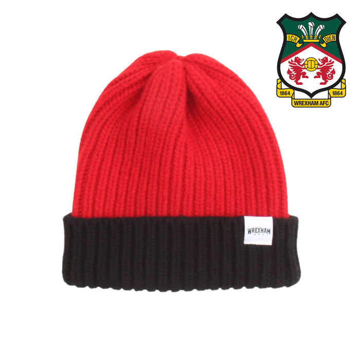 Red and black beanie with Wrexham AFC logo on a white background
