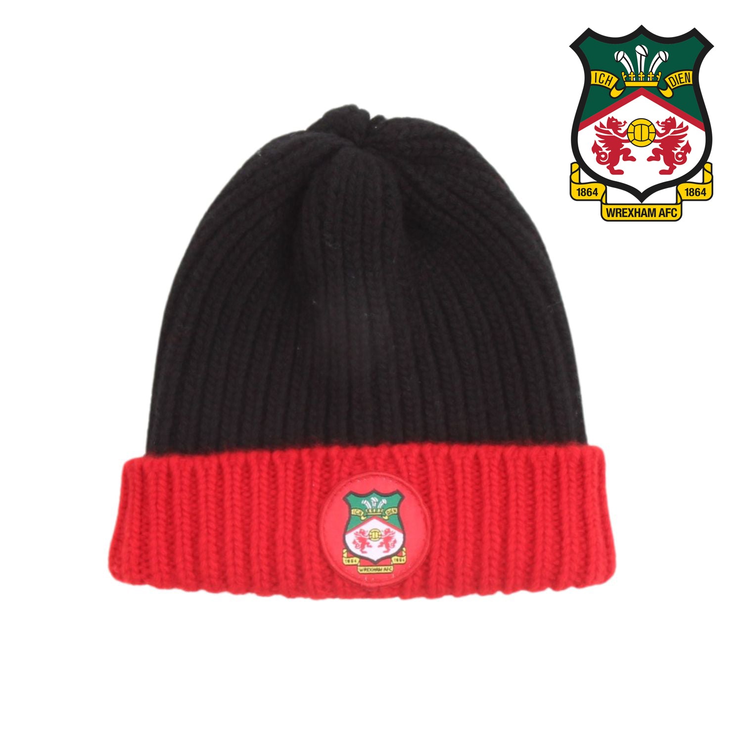 Black and red beanie with a logo on a white background